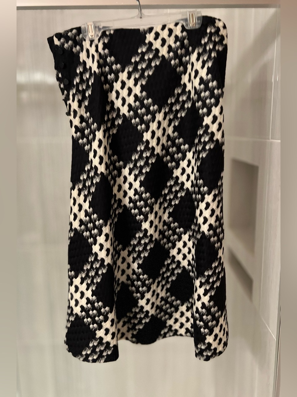 Express 100% Lambswool Black White Plaid Tweed A-Line Skirt Side Loop Buttons